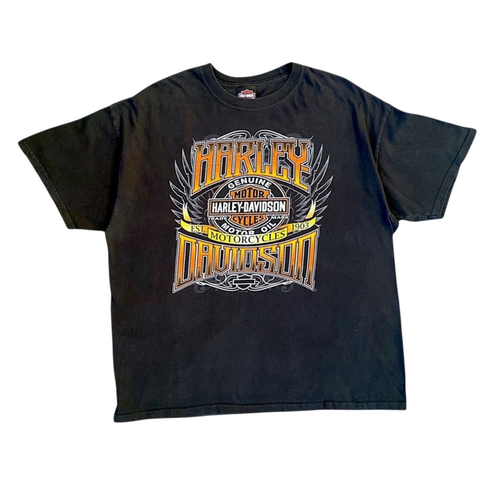 Harley Davidson Black Tee with Yellow & Orange Shield Graphic
